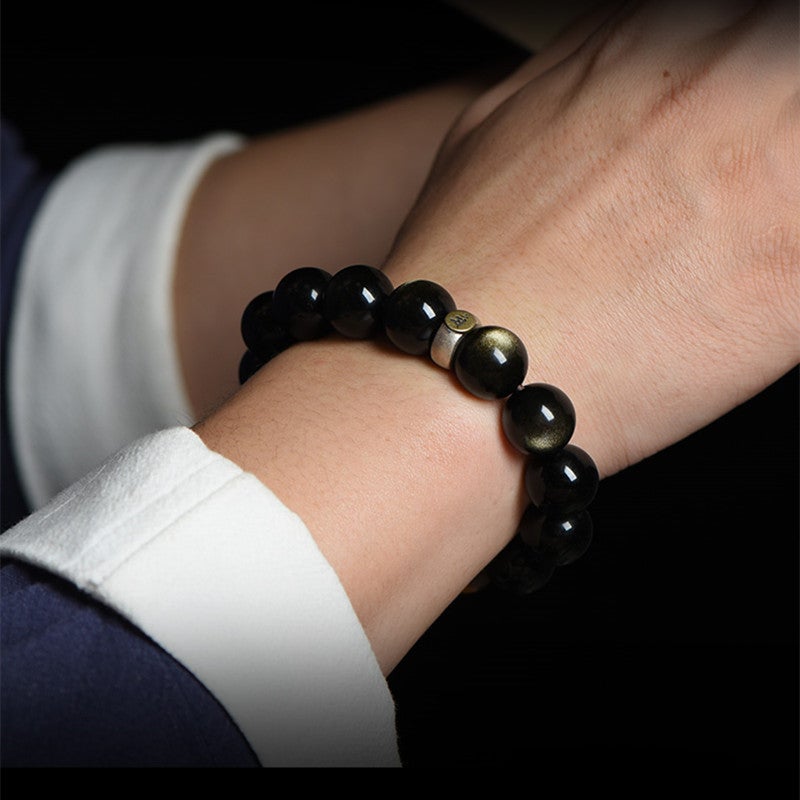 Obsidian Bracelet For Attracting Wealth, Featuring A Pixiu Design For The Year Of The Snake, High-End Men'S Gold Obsidian Fortune Bead Bracelet, Same Style As Seen In Live Broadcasts - Image 5